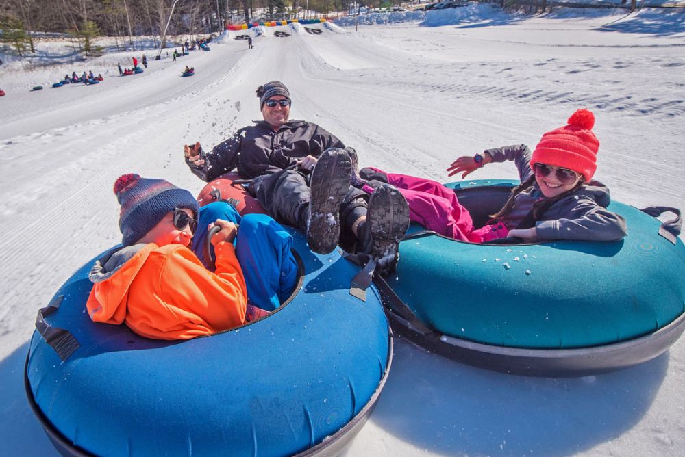 3 lanes of snowtubing at the Pine Meadows Snowtubing Park at King Pine Ski Area
