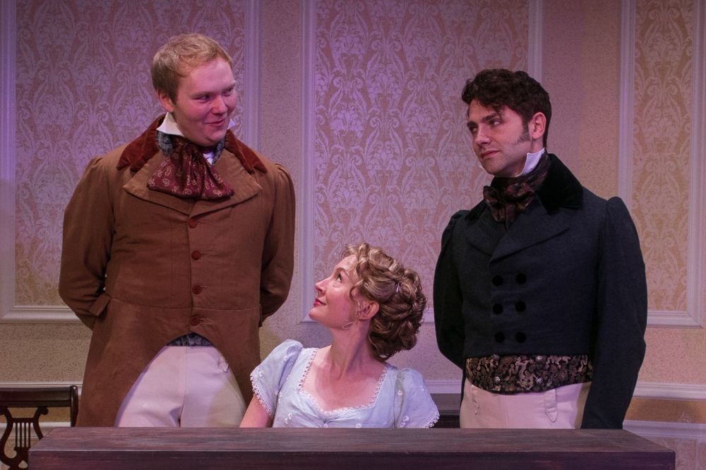 Pride and Prejudice by James Maxwell. Summer 2024. Photo Credit:  Eric Rothhaus.  Photo credit: Eric Rothhaus.  Directed by Charles Morey.  Pictured are Jacob Masters, Nisi Sturgis and Michael Raver.. Scenic design by Emmy Boisvert. Costume design by Sam Flemming. Wig design by Kevin S. Foster III. Lighting and Sound design by Kevin Frazier. Prop design by Emily Allinson. 
