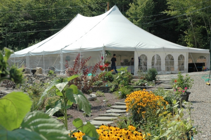 Wedding tent set up in late August at Coppertoppe Inn, Newfound Lake, NH