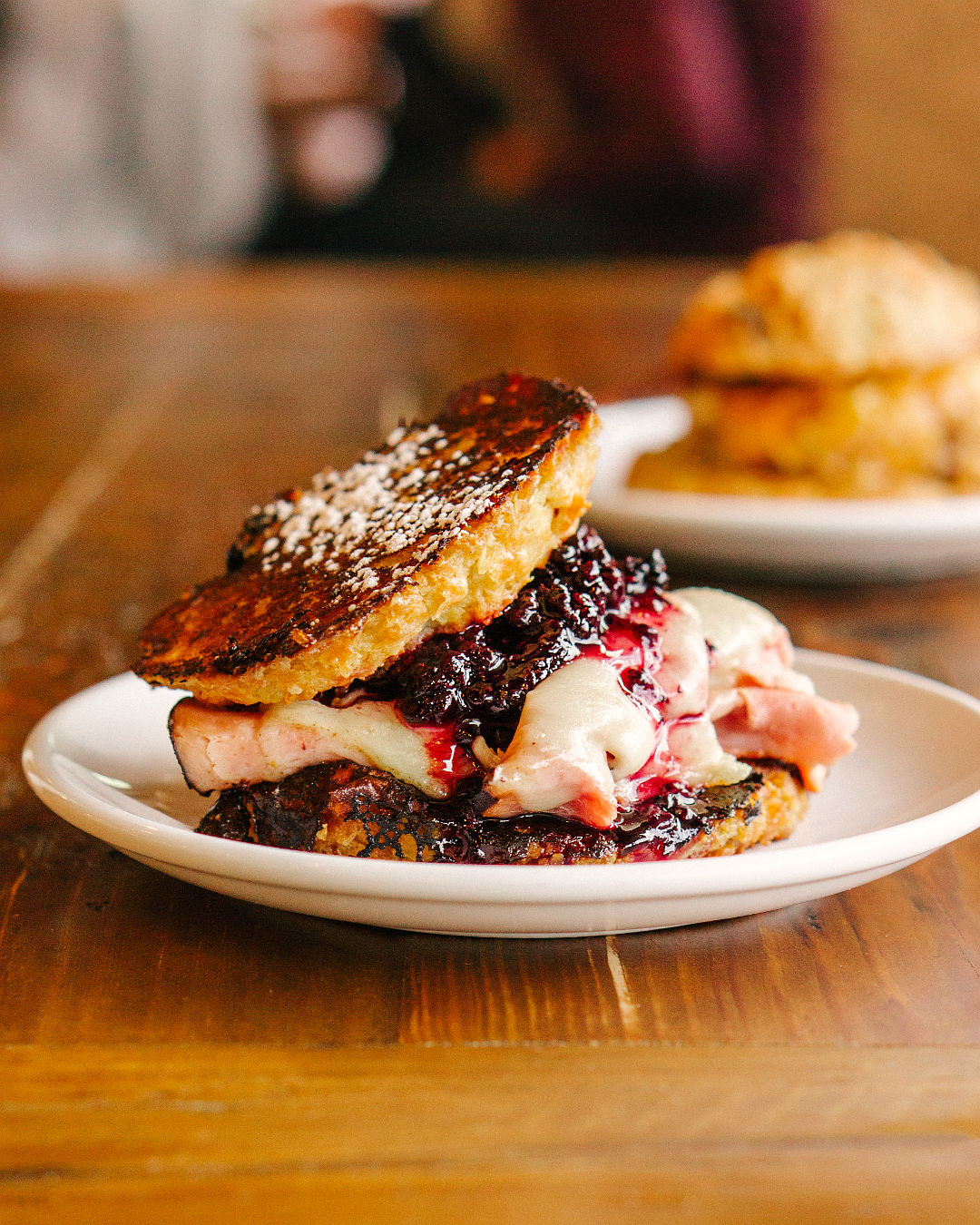 Caroline Cristo-french toast biscuit, applewood-smoked ham, Swiss cheese, pickled blackberry jam