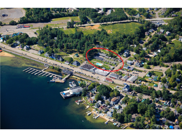 Aerial of Weirs Beach showing location of the Half Moon Motel & cottages