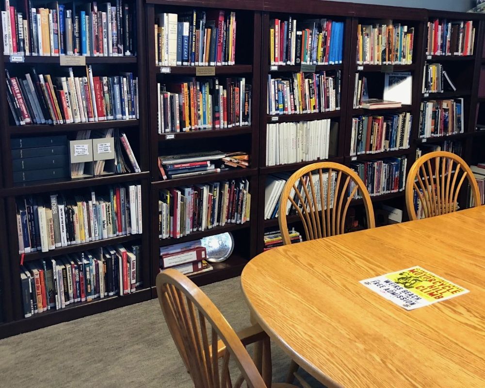 The library is filled with hundreds of racing books and thousands of photographs!