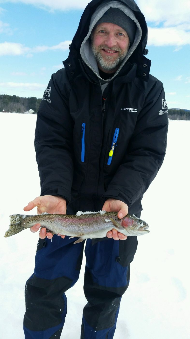 Nice rainbow trout caught ice fishing Lake Winnipesaukee