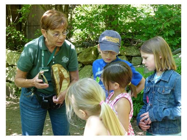 Volunteer educating children on the animal exhibit trail.