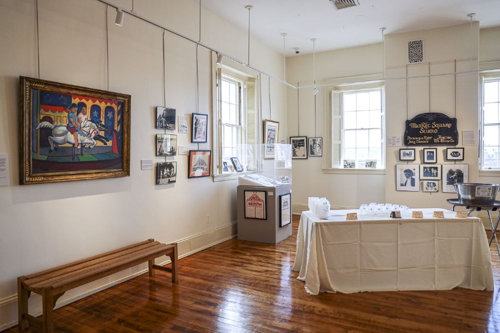 Upstairs gallery before the opening reception to the 2022 exhibition "Reinventing Portsmouth"