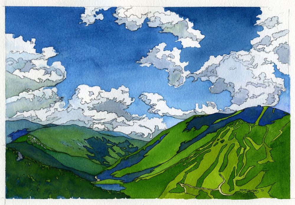 "Artist Bluff Cloudscape," 6 by 9 inch watercolor & ink landscape painting by artist Rebecca M. Fullerton.