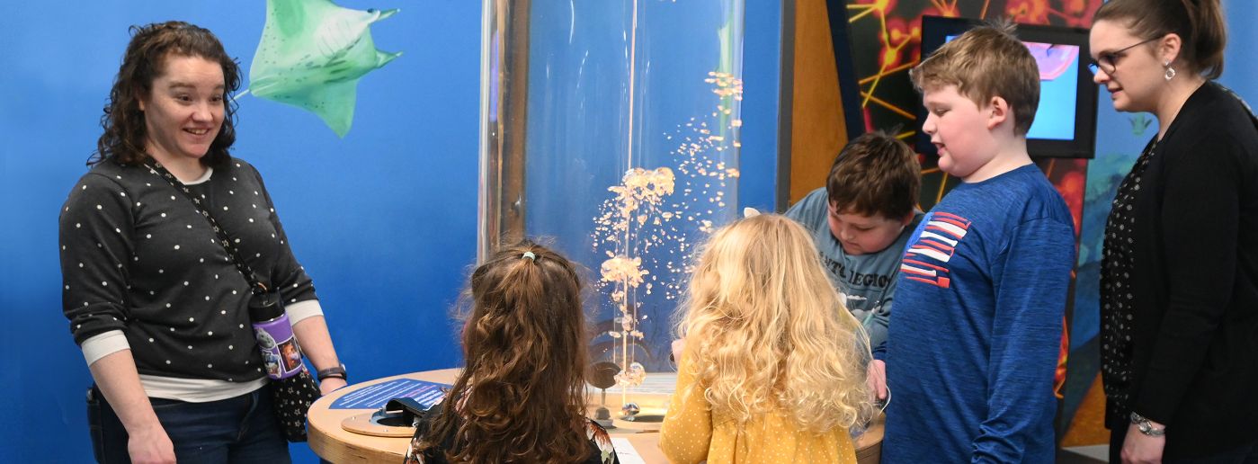 Families engage together with a bubble exhibit at SEE.