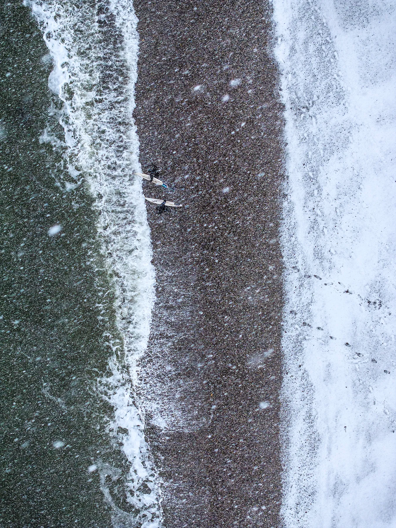 Arial photo of surfers on the shoreline