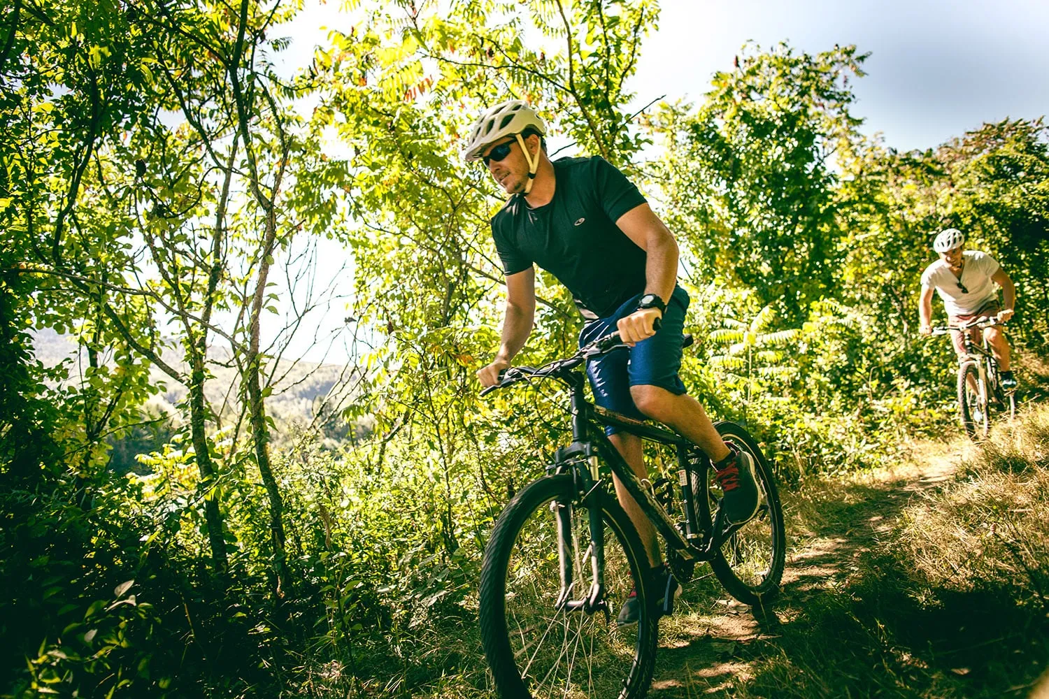 Guys biking on a trail in the woods on a sunny day