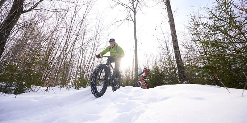 Low angle shot of two riders riding fat bikes on a trail in the snow