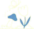 Illustrated flower, mushroom, and butterfly