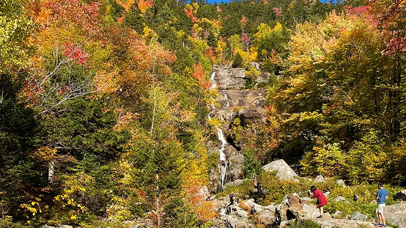 Two people hiking through a forerst with fall foliage and a waterfall in the background
