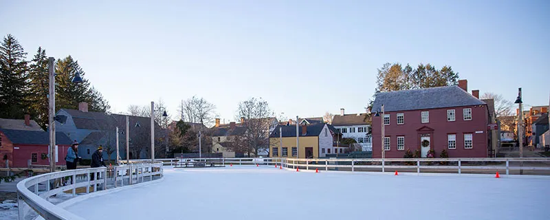 View of Portsmouth, New Hampshire accross an outdoor ice skating rink