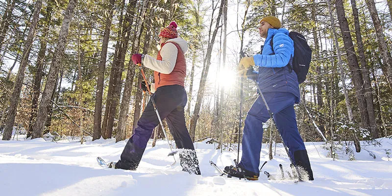 Two people snowshoeing through the woods with backpacks and poles